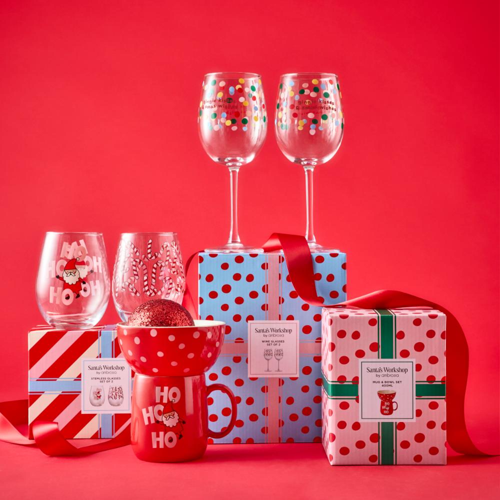 Ambrosia Santas Workshop Set of 2 Stemless Glasses