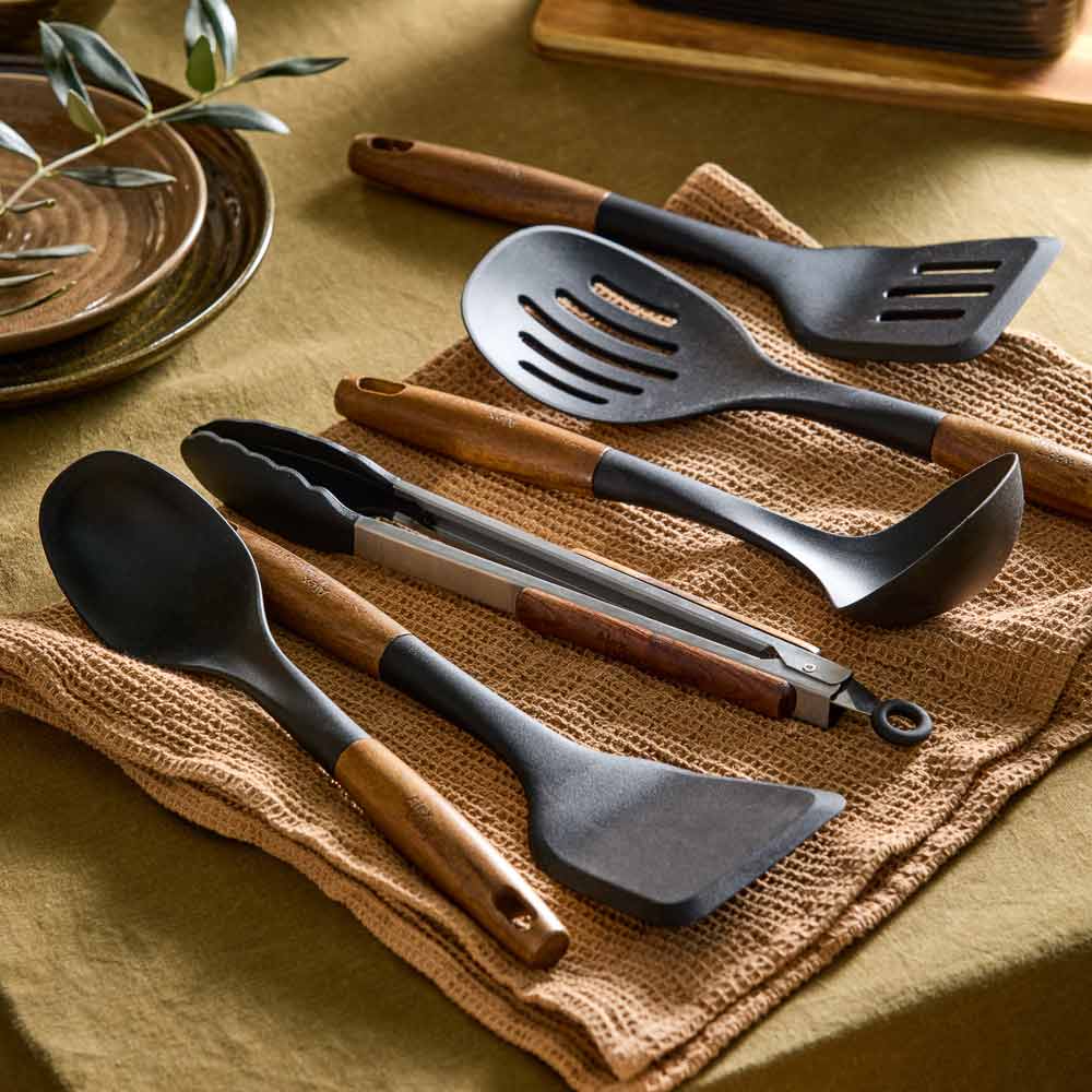 rustic look silicone navy blue kitchen utensils with wooden handles - House