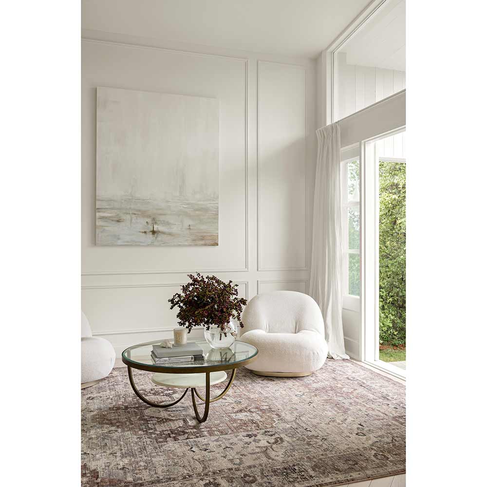 Darren Palmer Heirloom Rug in Plum in lounge room setting with brass side table at House