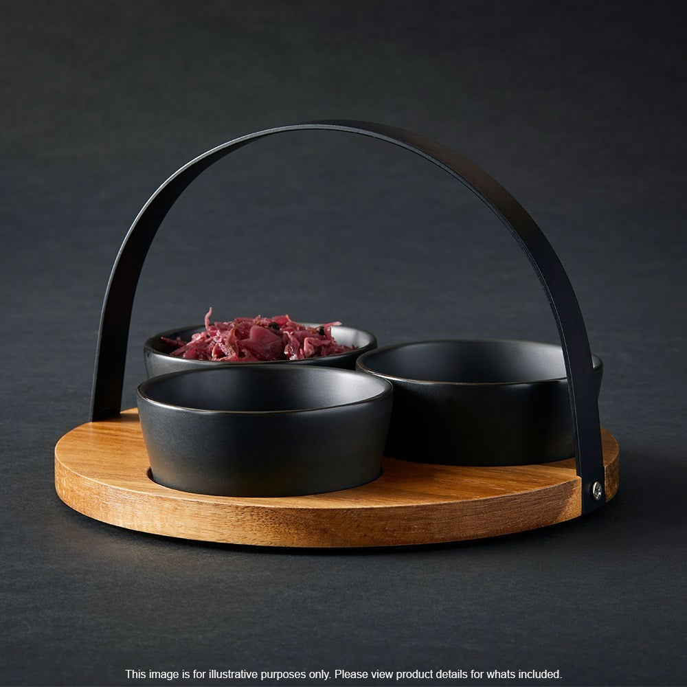 Davis & Waddell Fine Foods 4 Piece Porcelain Bowls on Acacia Tray with Handles Set