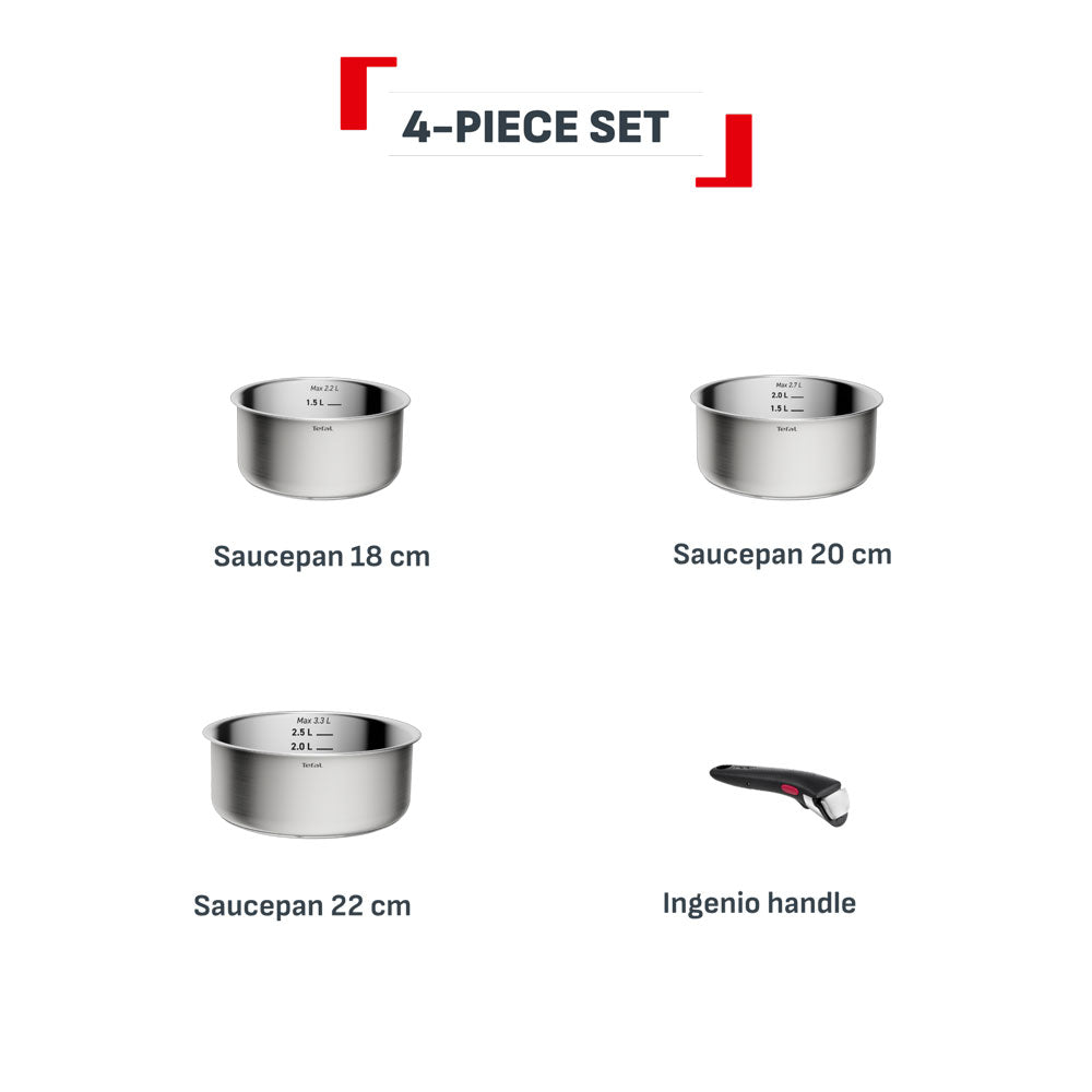 Tefal Ingenio Emotion+ Induction Uncoated Stainless Steel 4 Piece Induction Pot Set