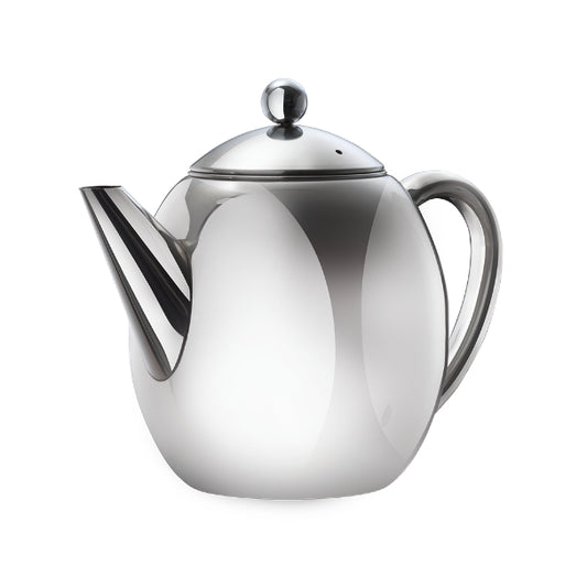 Stainless Steel tea pot with a sturdy handle and controlled spout for easy pouring.