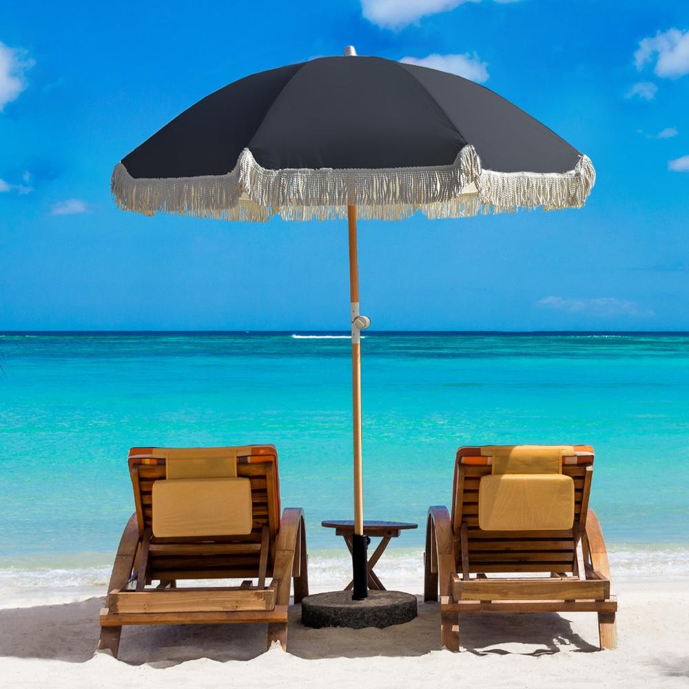 Havana Outdoors Fringed Beach Umbrella Portable 2 Metre Vintage Black