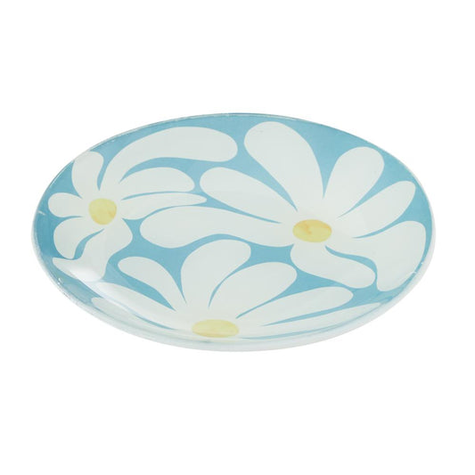 Blue with plate with white flowers -Emporium Lulu Glass Flower Plate 16cm - House
