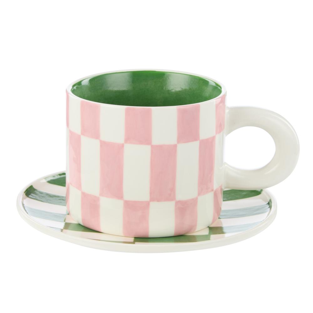 Emporium Check Mug & Plate Set Pink and Green at House