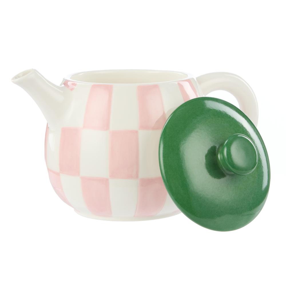 Emporium Check Teapot pink with green lid at House