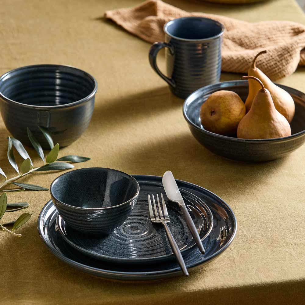 rustic ribbed moody stoneware navy blue plates, bowls and mug - House
