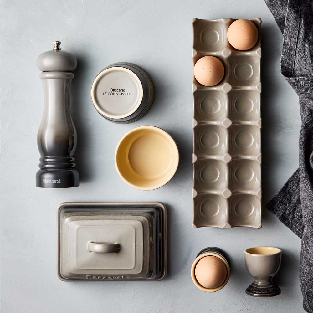 stoneware egg cups & tray, butter dish, pepper grinder in grey - House