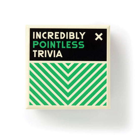 Trivia box designed with green and white stripes with the title incredibly pointless trivia.