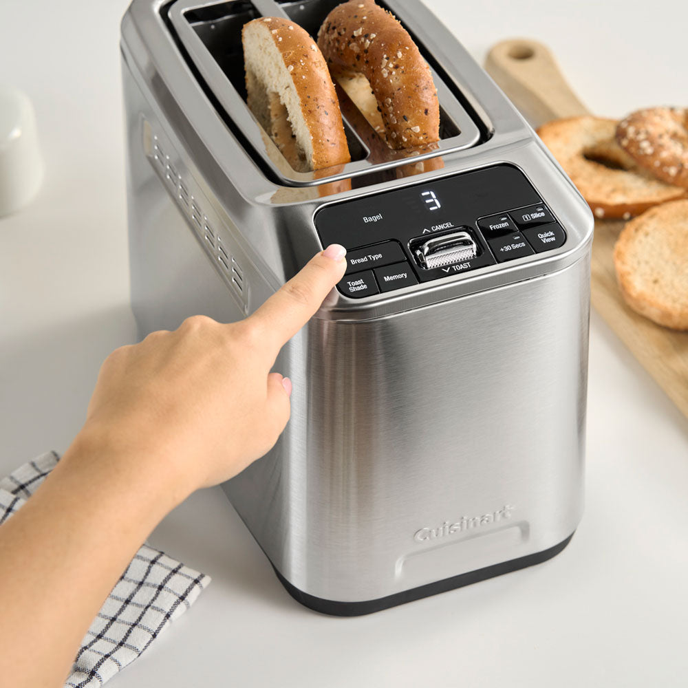 Two slice toaster with a control panel at the top to select the toasting setting for your desired results.