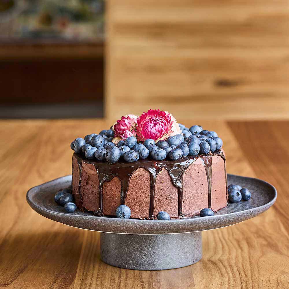 Ecology Ottawa Cake Stand 32 x 8.5cm in Stone Grey with chocolate cake at House