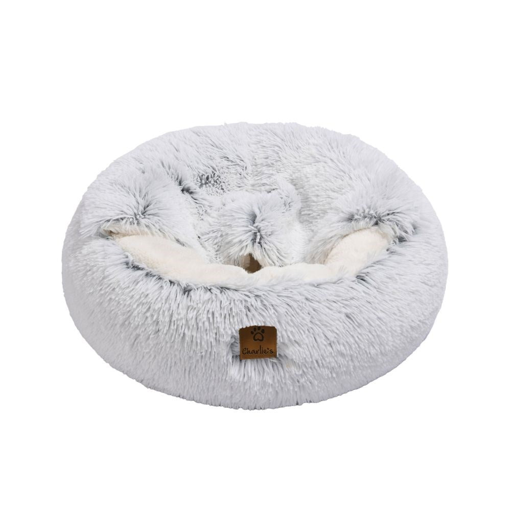 Charlie's Snookie Hooded Faux Fur Calming Dog Bed White