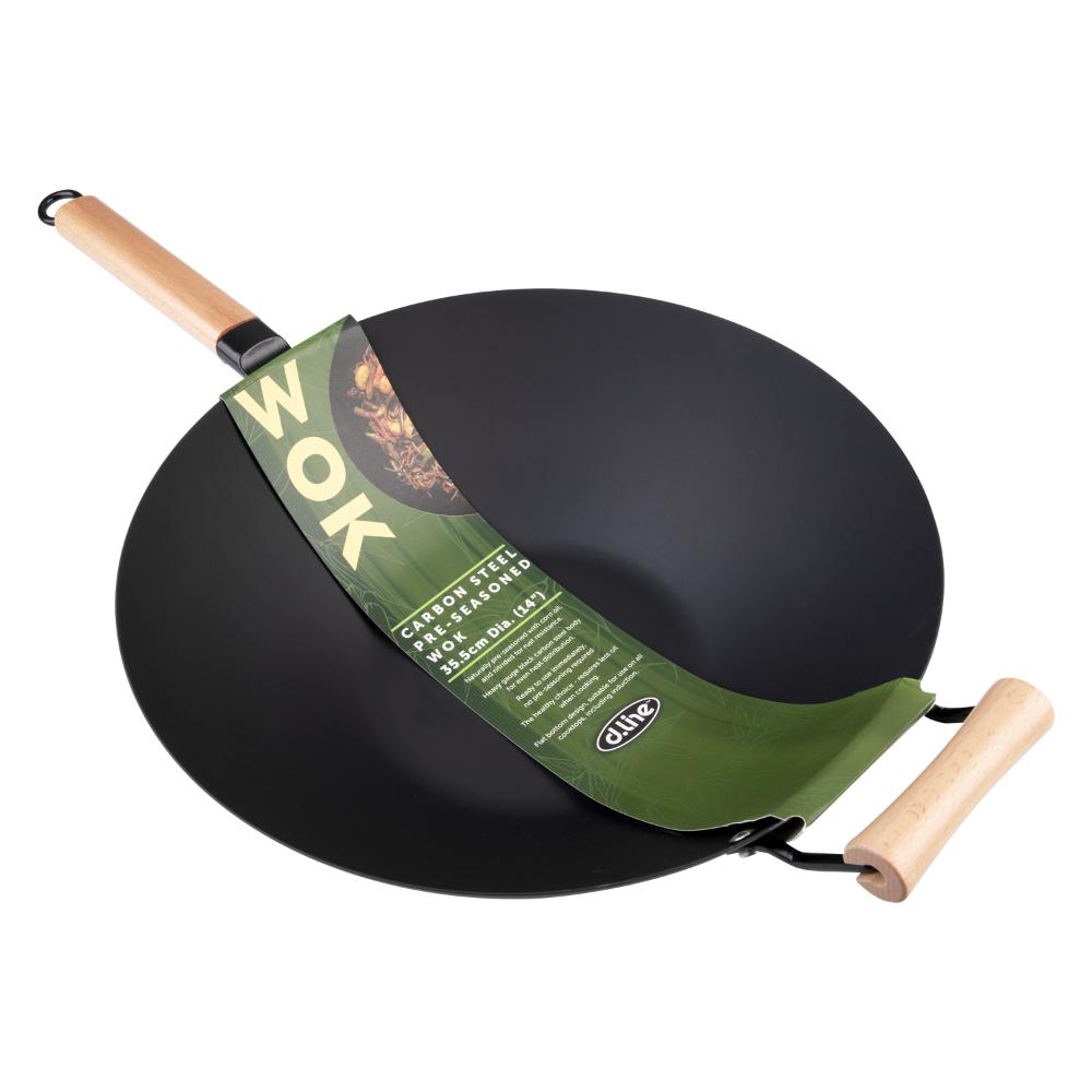 Dline Black Carbon Steel Pre-Seasoned Wok 35.5cm