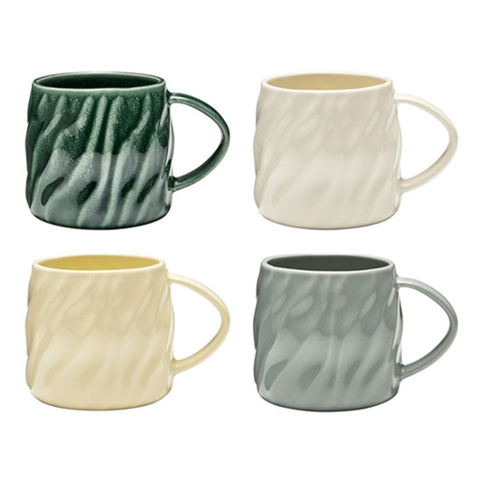 The Ecology Ondra set of mugs featuring a sage, deep forest green, lemon and cream colours.