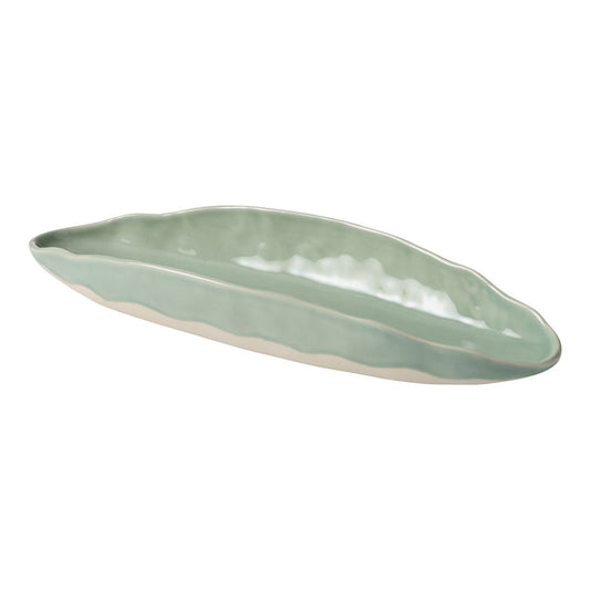 The Selvedge oval platter features a folded design with a soft green and cream tone.