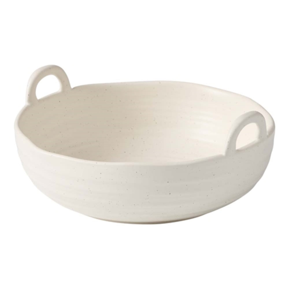 Serving bowl with side handles crafted with a sturdy stoneware and a smooth finish.