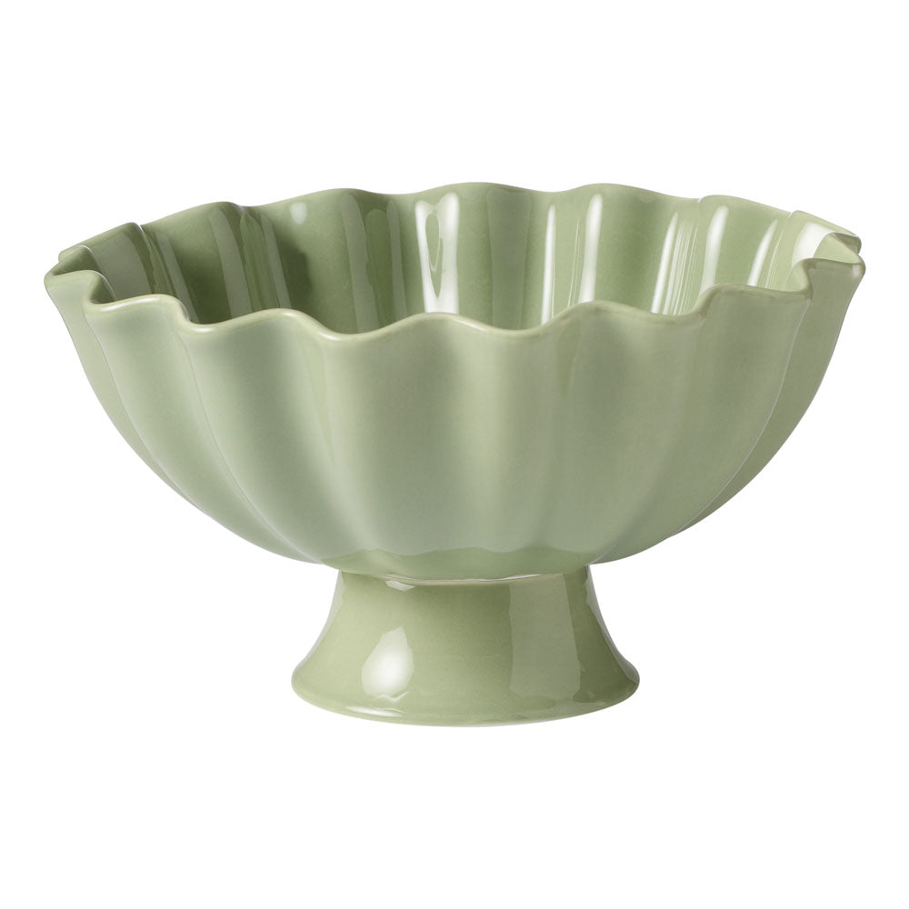 The Ecology bowl in celadon features a ruffled designed and a footed base elevating for decor purposes.