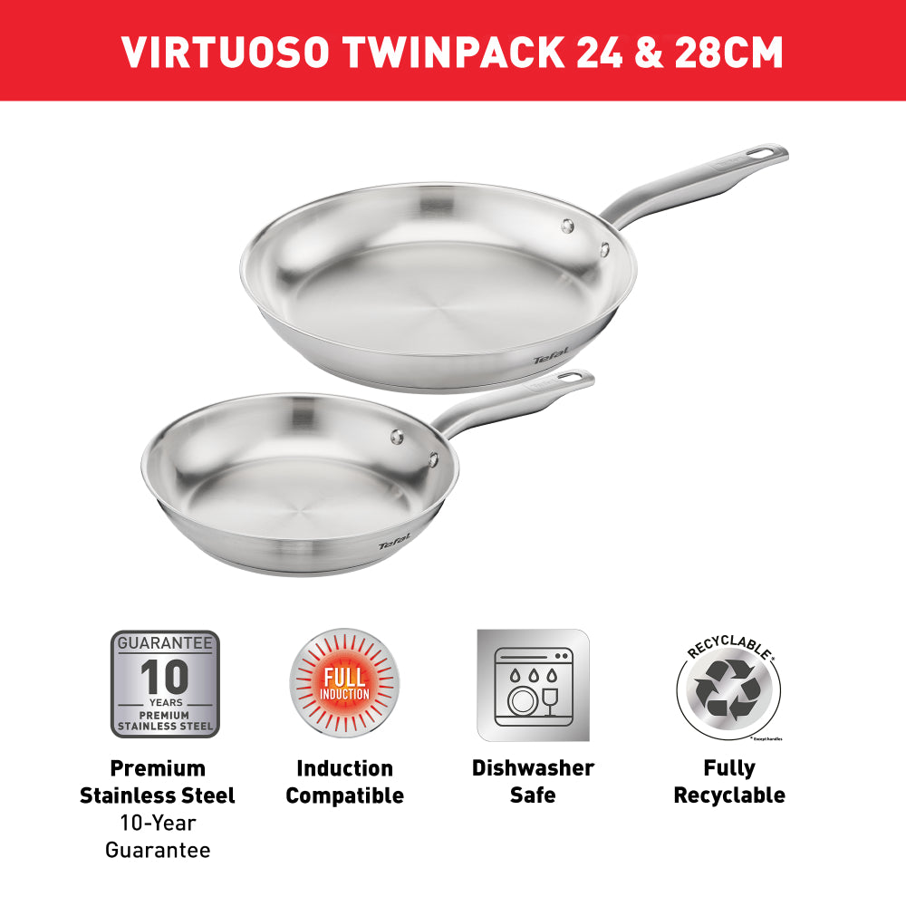 Tefal Virtuoso Induction Stainless Steel Uncoated Twin Frypan 24 & 28cm