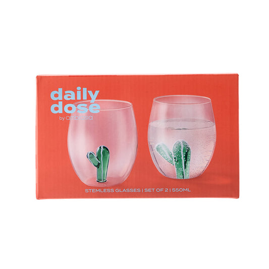 Daily Dose by Ambrosia Set of 2 Cactus Stemless Glasses