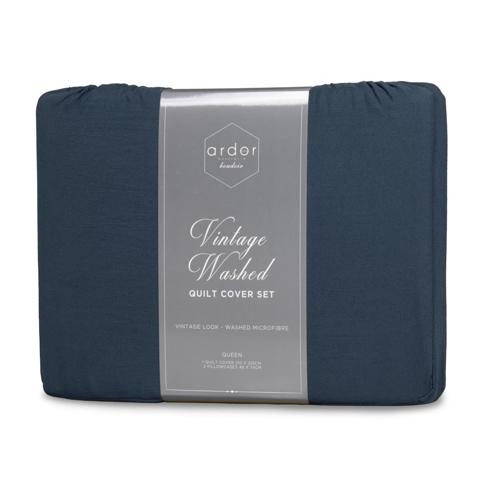 Ardor Boudoir Vintage Washed Quilt Cover Set Navy Blue at House
