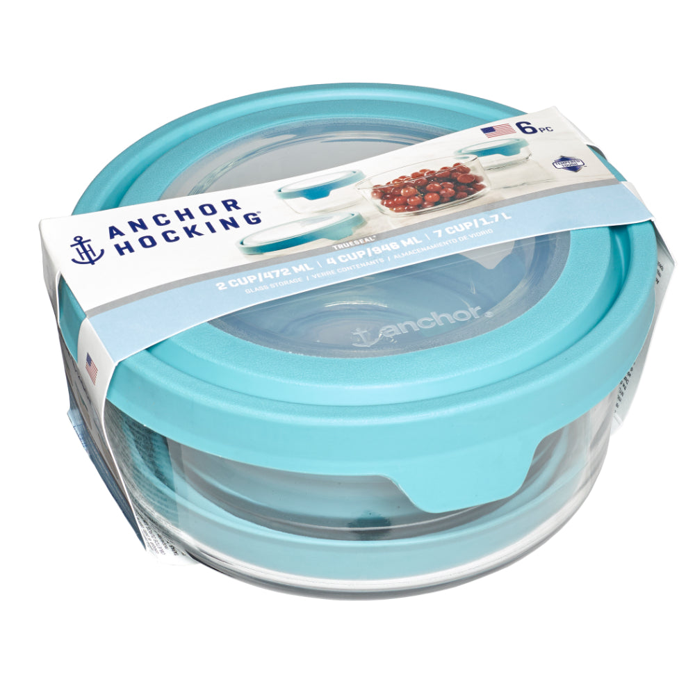 Anchor Hocking Trueseal Storage Container Round 6 Piece Set Blue