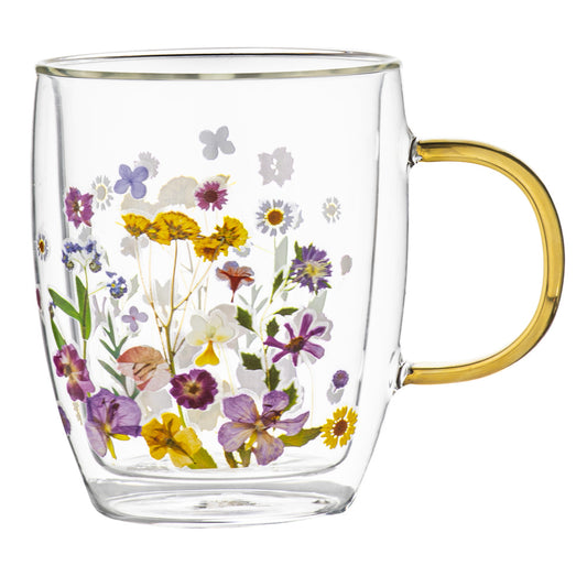 Ashdene Pressed Flowers Double Wall Glass Mug 350ml