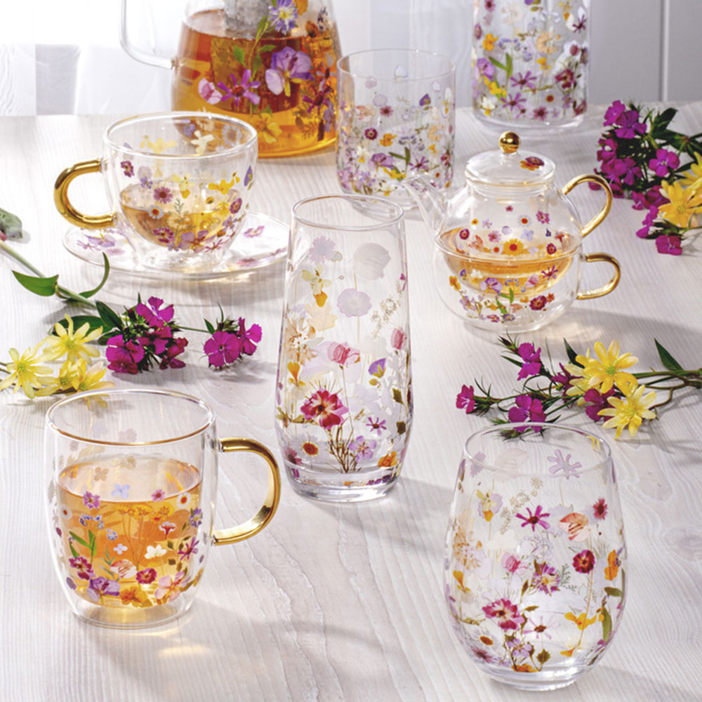 Ashdene Pressed Flowers Double Wall Glass Mug 350ml