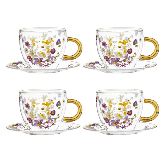 Ashdene Pressed Flowers Set of 4 Double Wall Glass Cup & Saucer