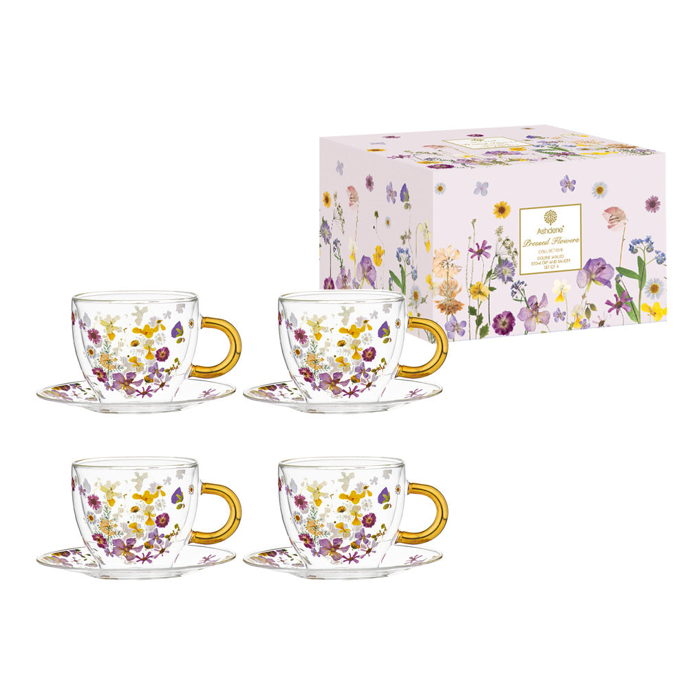 Ashdene Pressed Flowers Set of 4 Double Wall Glass Cup & Saucer