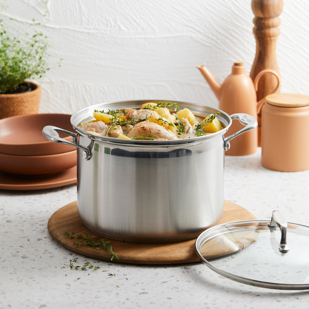 Baccarat iconiX Stainless Steel Stockpot with Lid 7.2L/24cm with chicken and potatoes in a stockpot at House