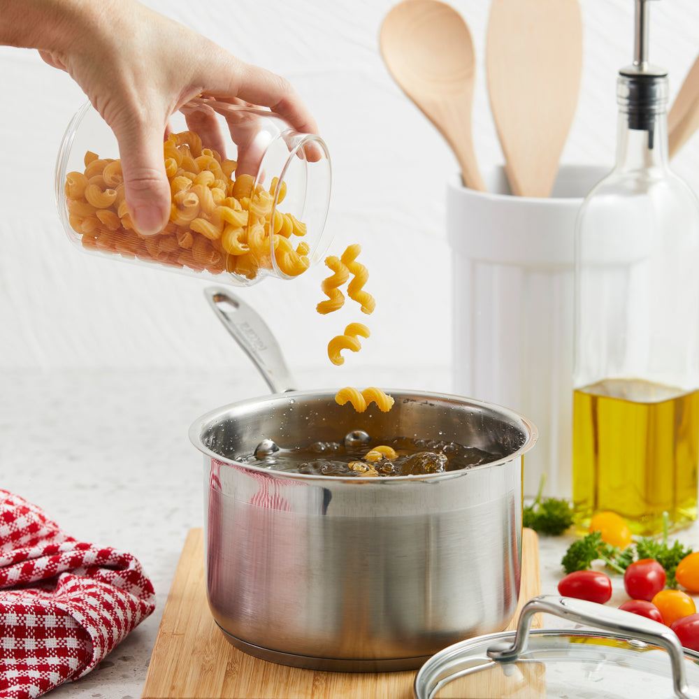 Baccarat iconiX Saucepan with Lid 16cm pasta poured into a saucepan at House