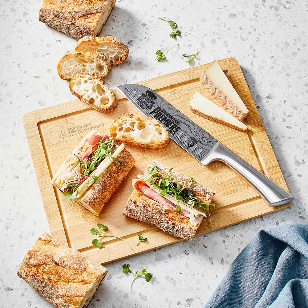 17cm Santoku & 35cm Board AFL Premiers 2025 Brisbane Lions with sandwiches