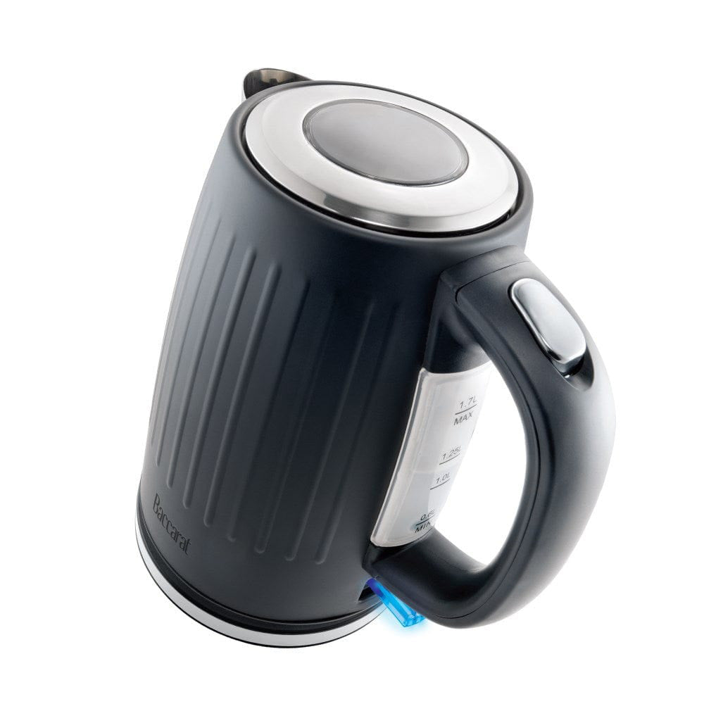 Baccarat The Boiling Point Kettle in Black at House. Black kettle with outside capacity view.