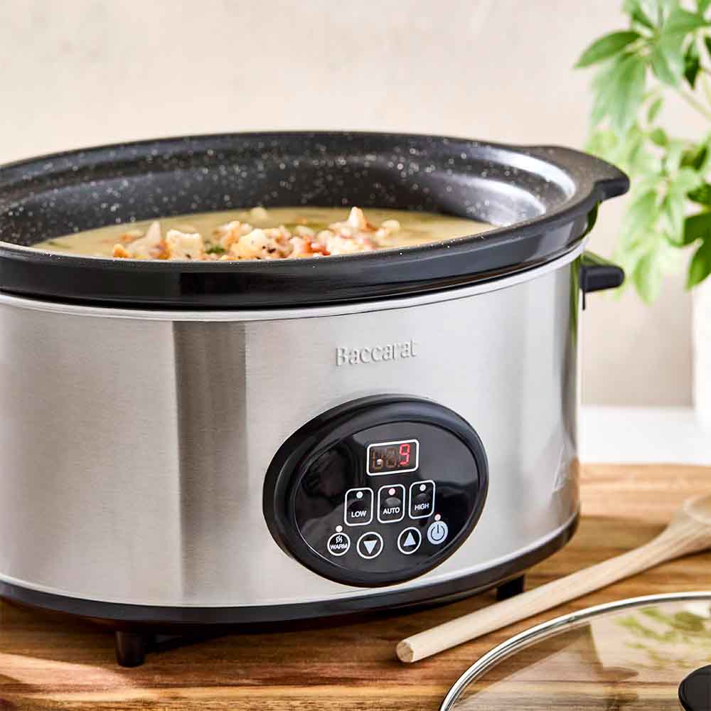 Baccarat The Tasty Chef 6L Slow Cooker at House. Stew cooking on a kitchen bench in a slow cooker