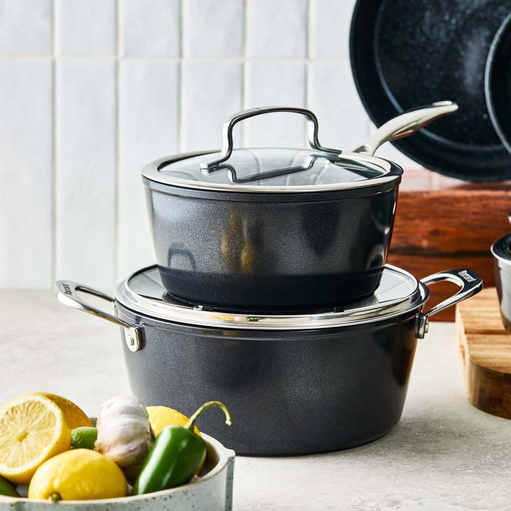 Baccarat GREEN STONE 6 Piece Cookware Set at House with saucepan and casserole