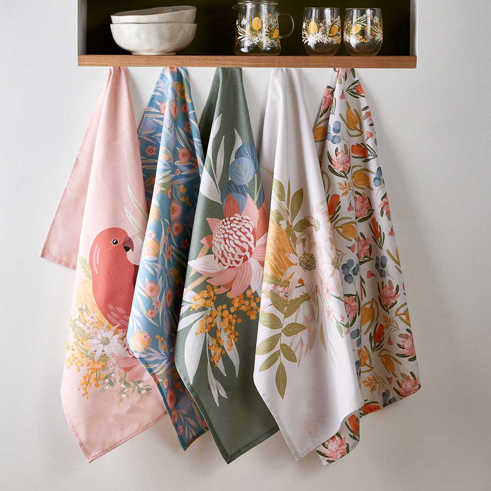 Alex Liddy Banksia Tea Towel with Australian Flora