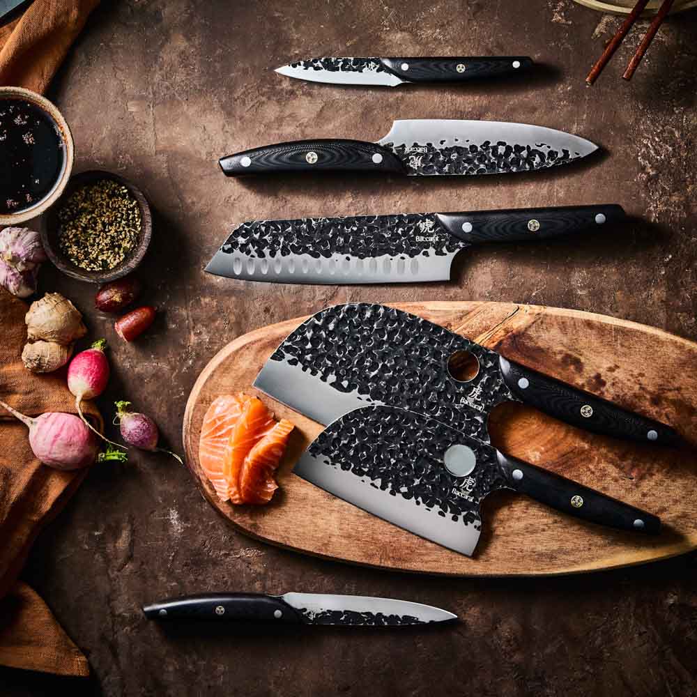 Baccarat KUROI KIBA 7 Piece Knife Block flat lay of knives at House