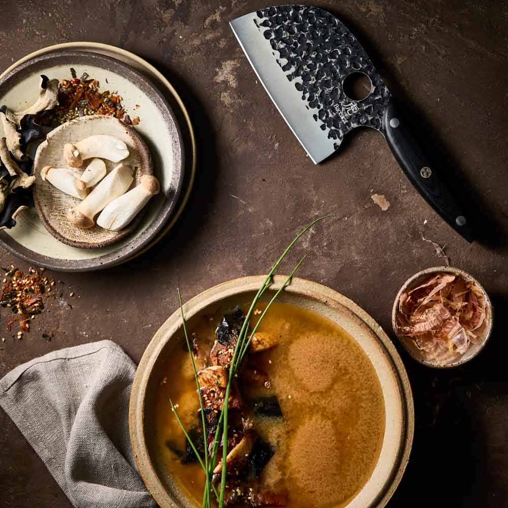 Baccarat KUROI KIBA Moon Knife 12.5cm next to miso soup at House