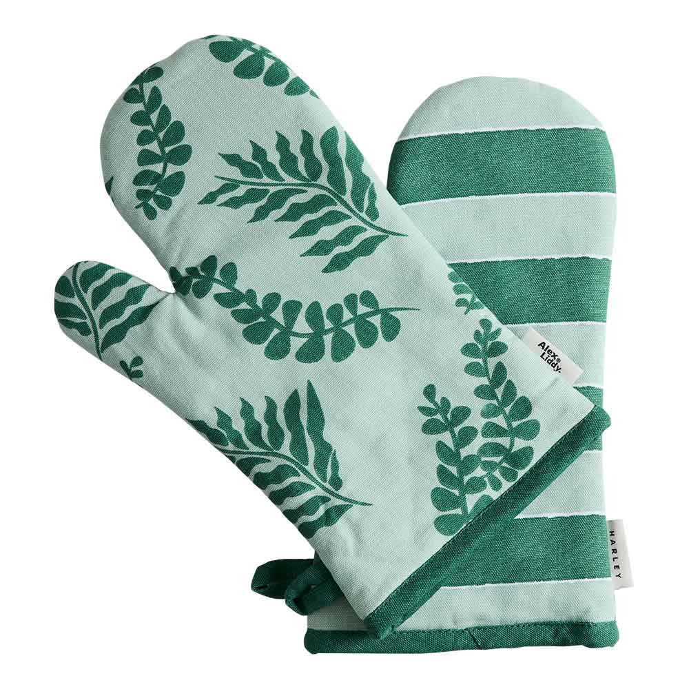 Alex Liddy Harley Set of 2 Oven Gloves Green Floral and Stripe at House