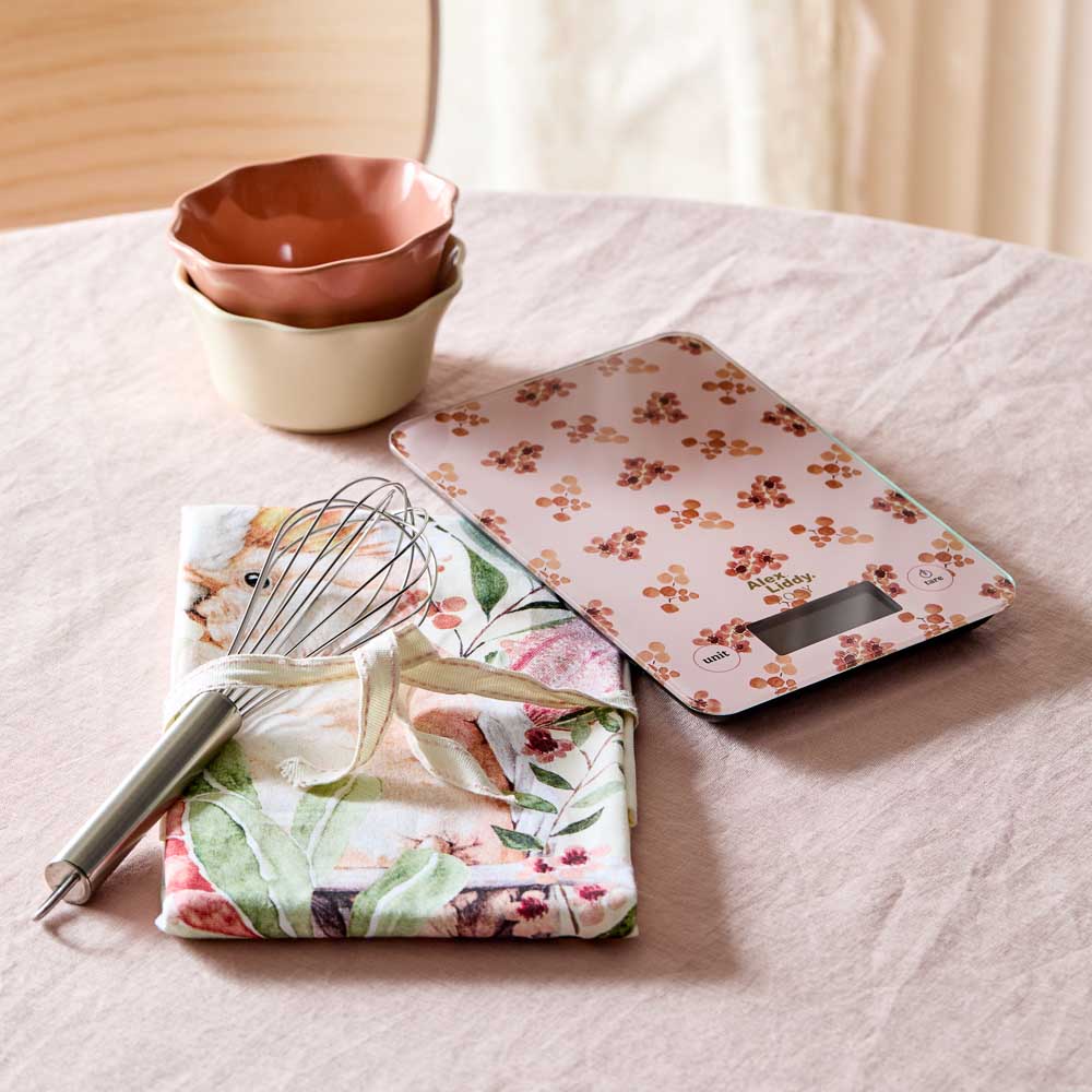 Alex Liddy Posy Tea Towel With Whisk Set Cream teatowel with pink cockatoo at House