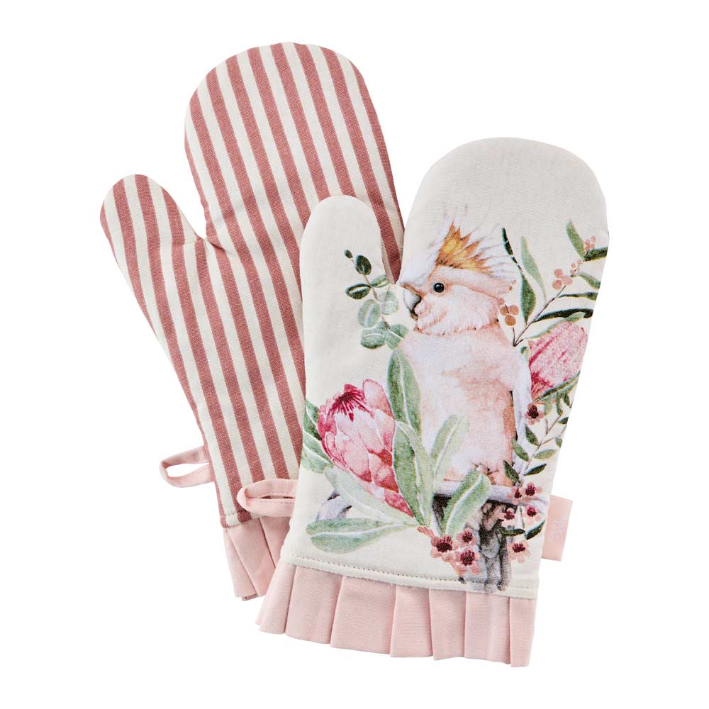 Alex Liddy Posy Set of 2 Oven Gloves striped and pink cockatoo design with ruffle hem at House