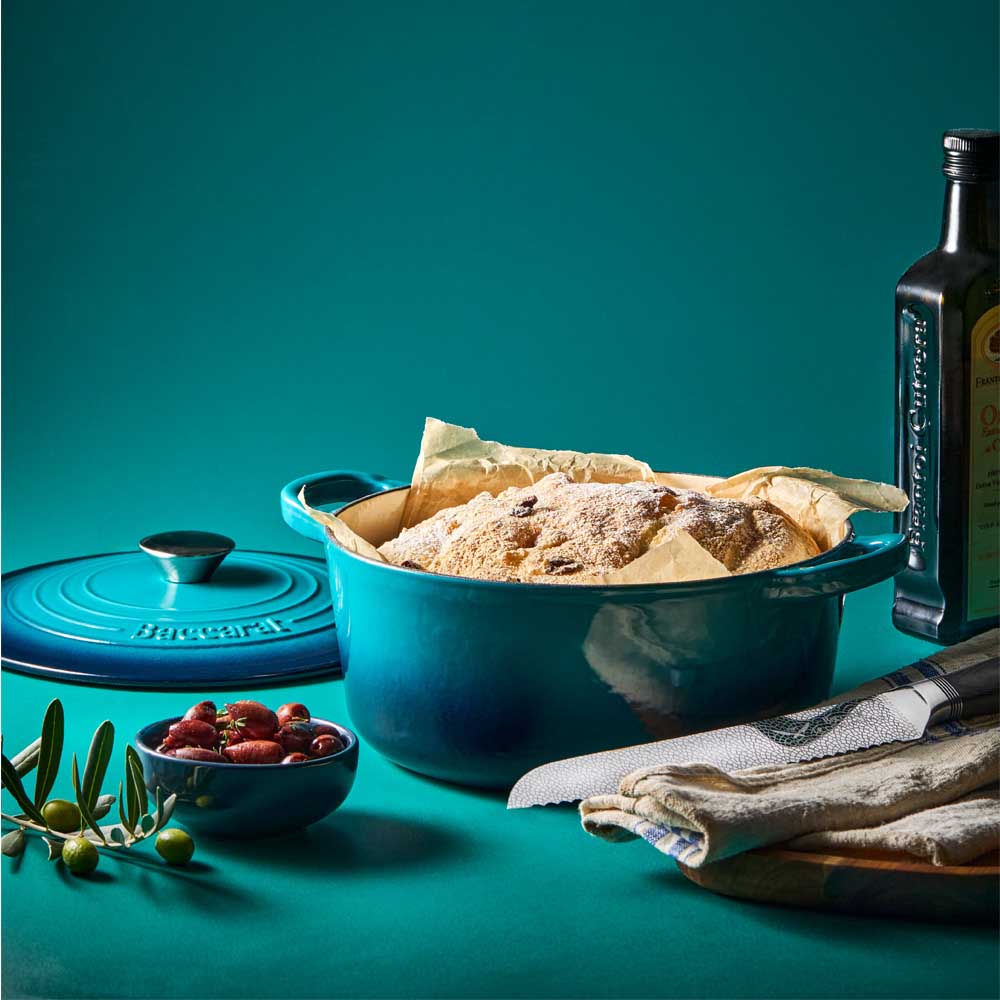 olive bread baked from blue french oven - House