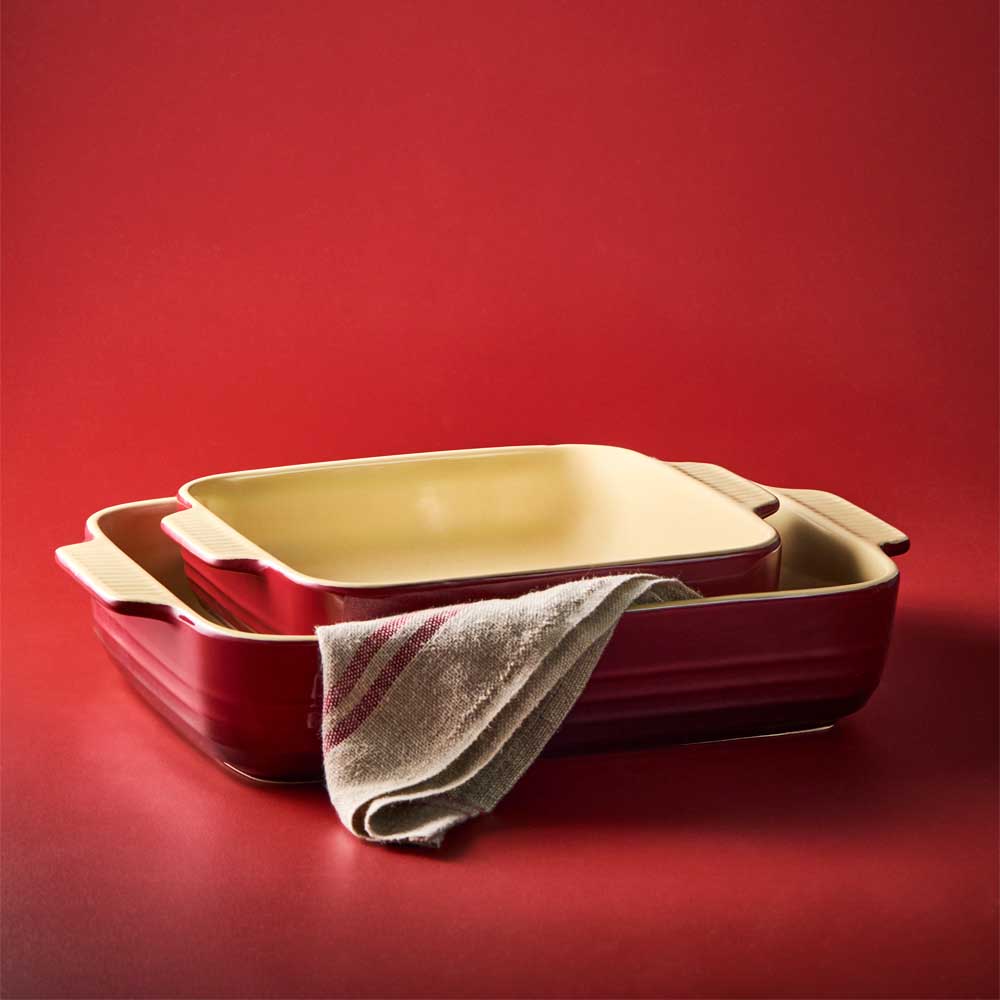 Red stoneware square baking dish and lasagne dish - House