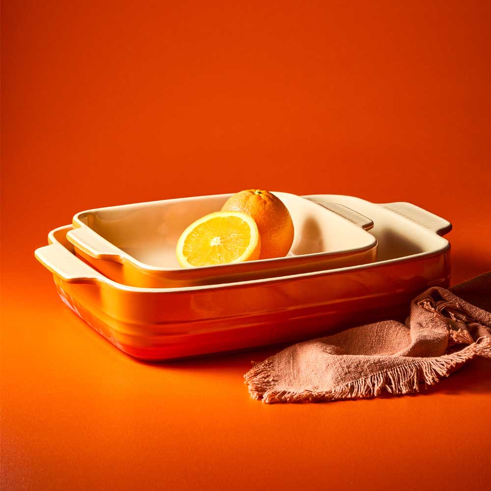 Orange stoneware square baking dish and lasagne dish - House