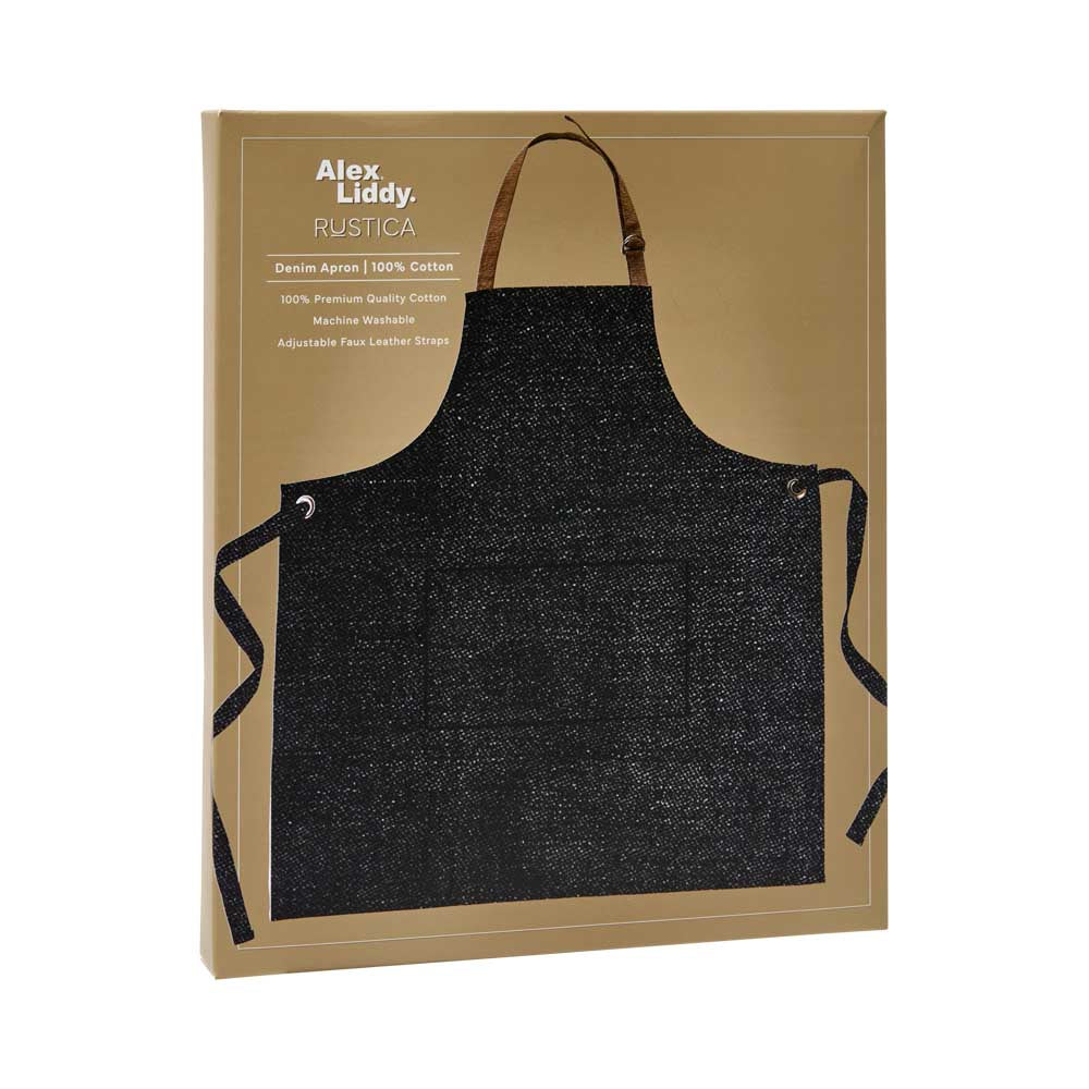 Alex Liddy Rustica Denim Apron with tan leather adjustable neck strap at House