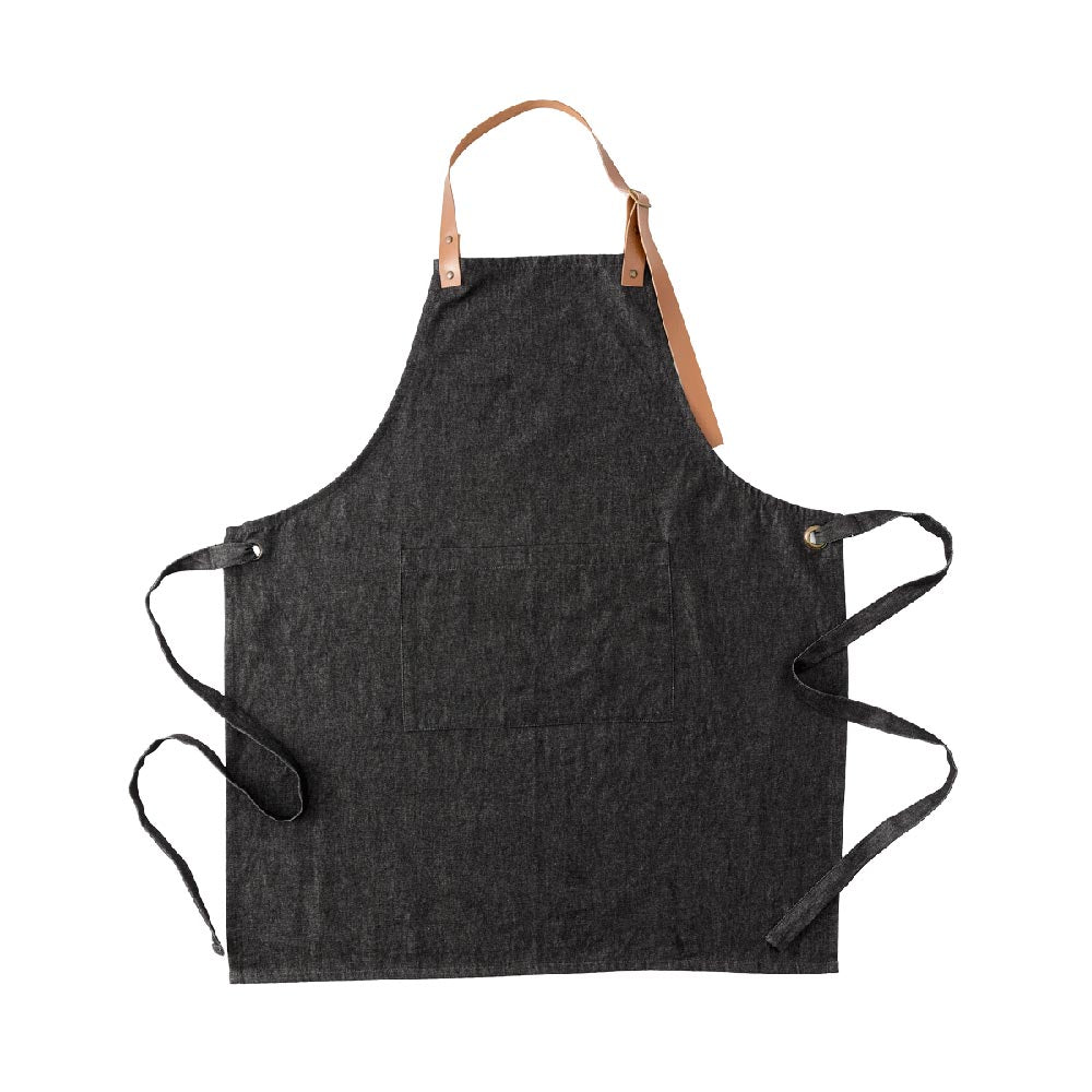 Alex Liddy Rustica Denim Apron with tan leather adjustable neck strap at House