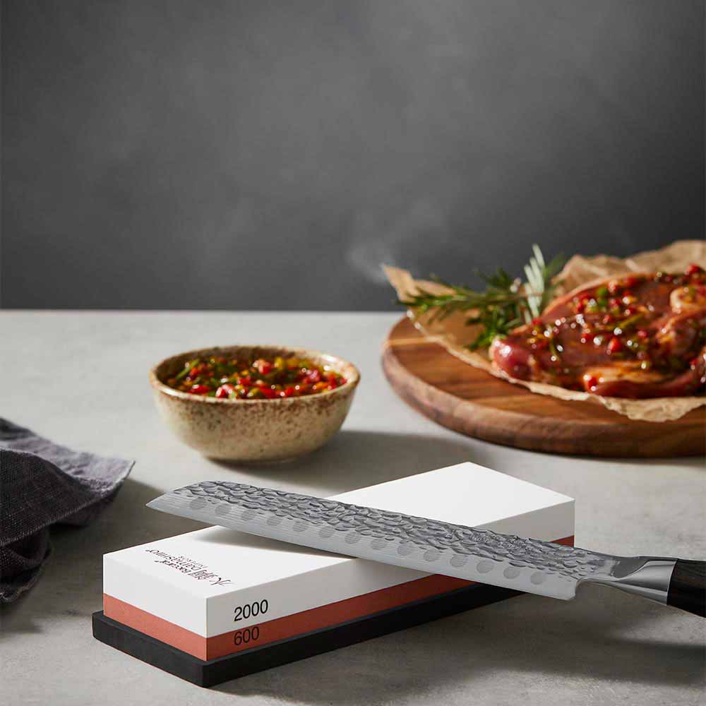 Knife sitting on top of a whetstone 600/2000 - House