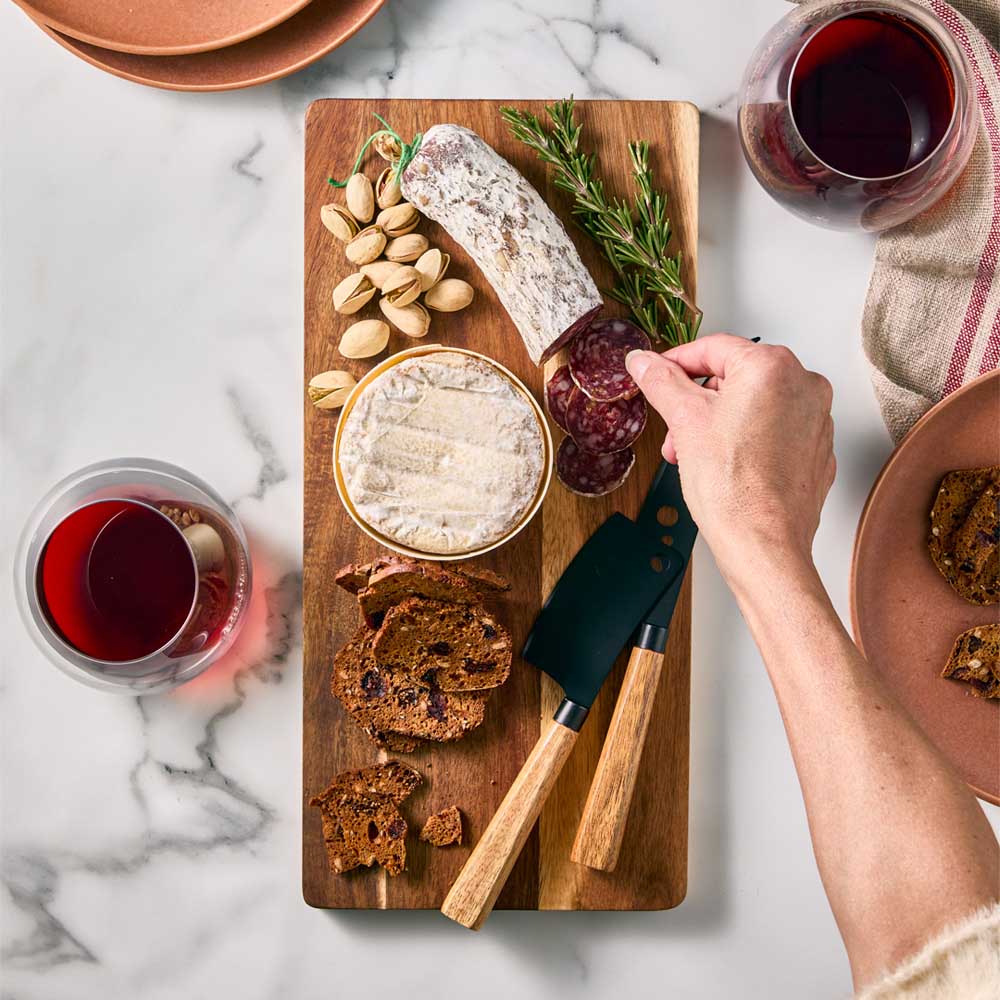 wood Serving Board with 2 Black Cheese Knives and charcuterie - House