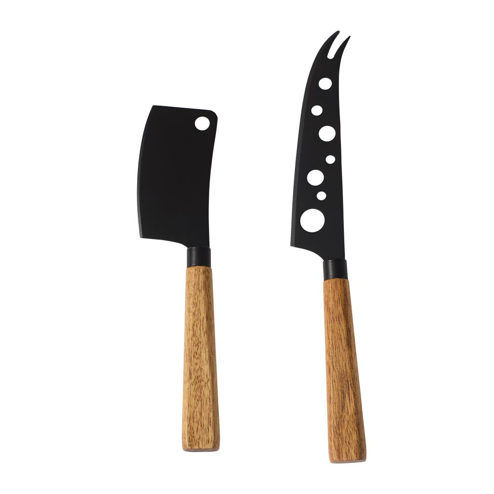 Acacia Serving Board with Set of 2 Black Cheese Knives - House