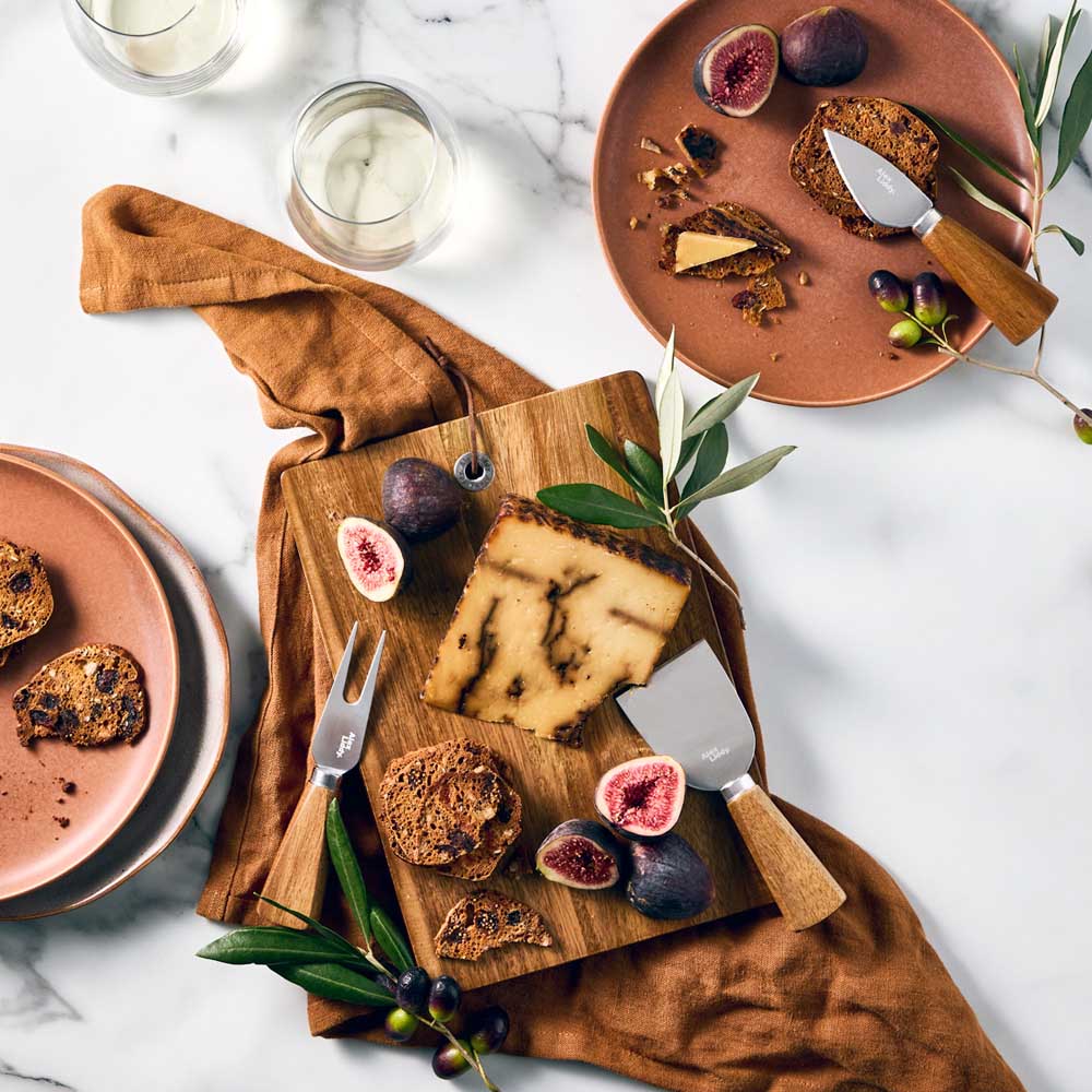 Acacia Serving Board with 3 Cheese Knives and charcuterie - House